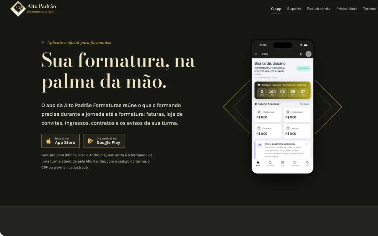 Página do app Alto Padrão Formaturas em preto e dourado, com a tela inicial do aplicativo e os botões da App Store e do Google Play