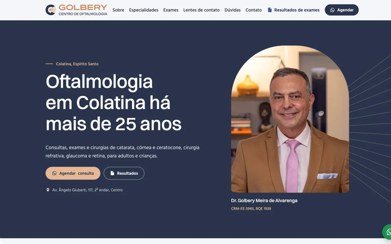 Site do Golbery Centro de Oftalmologia com o título Oftalmologia em Colatina há mais de 25 anos e a foto do Dr. Golbery de terno claro