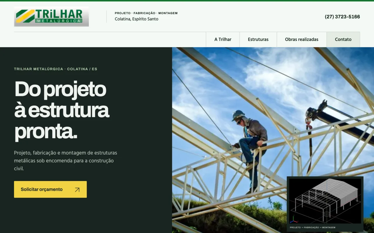 Site da Trilhar Metalúrgica, com foto real de montagem e desenho de estrutura metálica