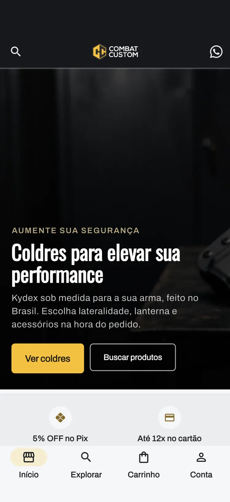 App da Combat Custom, tela inicial