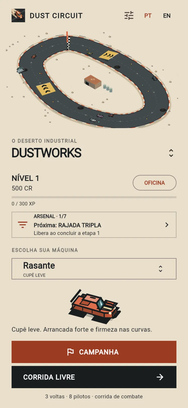 Jogo Dust Circuit, garagem com a pista isométrica e a escolha do carro