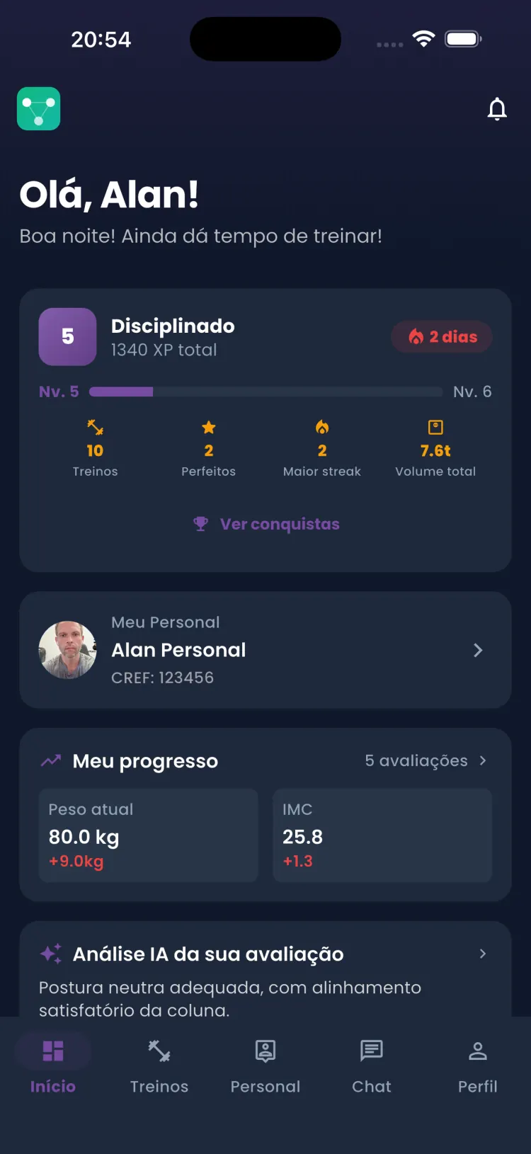 App Trainer Connect — tela inicial em modo escuro
